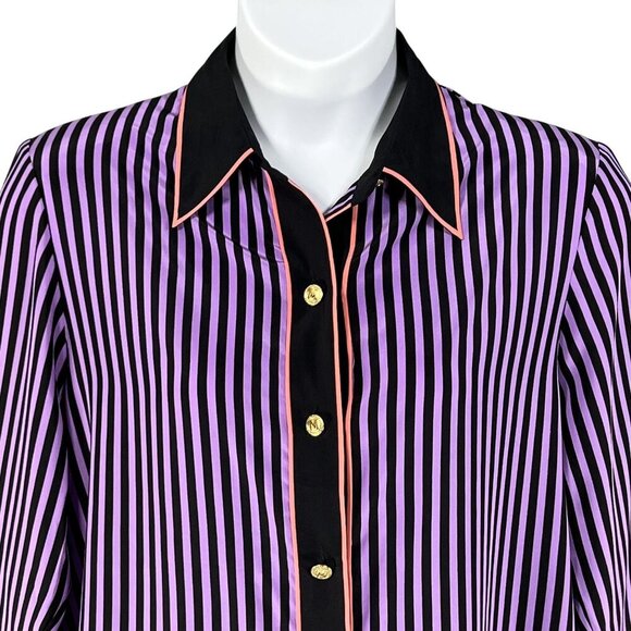 Bob Mackie Womens L Wearable Art 100% Silk Blouse Gold Buttons Contrast Trim Top - Picture 7 of 16